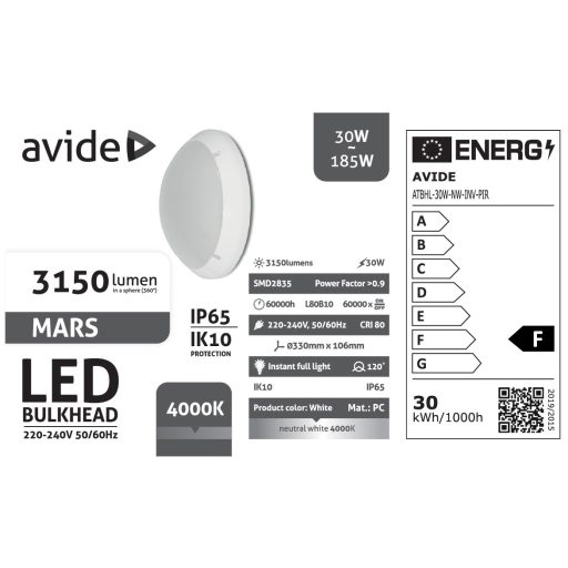 Avide Cseppálló Mennyezeti Lámpa Mars Kerek IP65 30W NW 4000K Fehér + Inverter + PIR (ATBHL-30W-NW-INV-PIR)