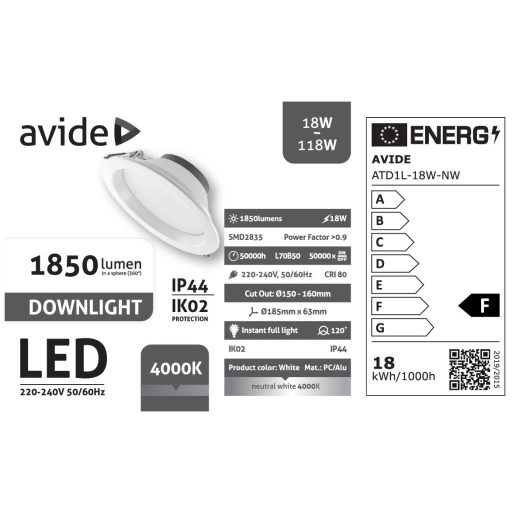 Avide LED Downlight Kerek IP44 18W 1850lm NW 4000K (ATD1L-18W-NW)