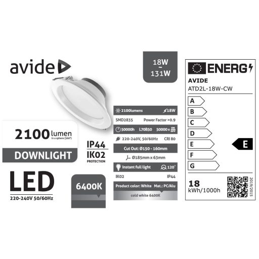 Avide LED Downlight Kerek IP44 18W 2100lm CW 6400K (ATD2L-18W-CW)