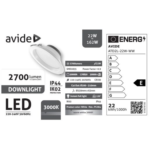 Avide LED Downlight Kerek IP44 22W 2700lm WW 3000K (ATD2L-22W-WW)