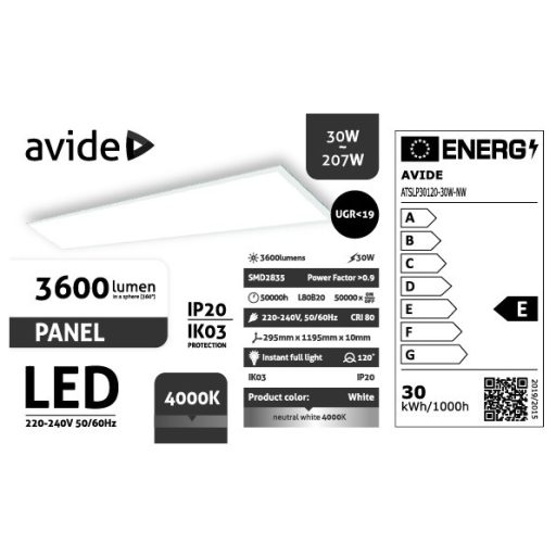 Avide Led Panel 300x1200mm 30W NW 4000K 3600lm UGR<19 IP20 Industrial V2 (ATSLP30120-30W-NW)