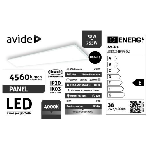 Avide Led Panel 300x1200mm 38W NW 4000K 4560lm UGR<19 IP20 Industrial V2 (ATSLP30120-38W-NW-DALI)