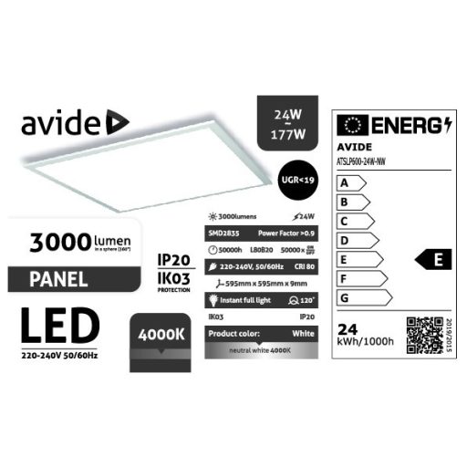 Avide Led Panel 600x600mm 24W NW 4000K 3000lm UGR<19 IP20 Industrial V2 (ATSLP600-24W-NW)