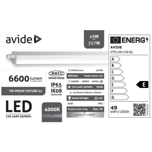 Avide LED PPBK G1 49W 6600lm NW 4000K 1500mm (ATTPFG1-49W-15-NW-DALI)