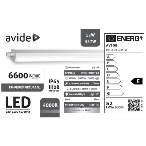 Avide LED PPBK G1 52W 6600lm NW 4000K 1500mm + Inverter (ATTPFG1-52W-15-NW-INV)