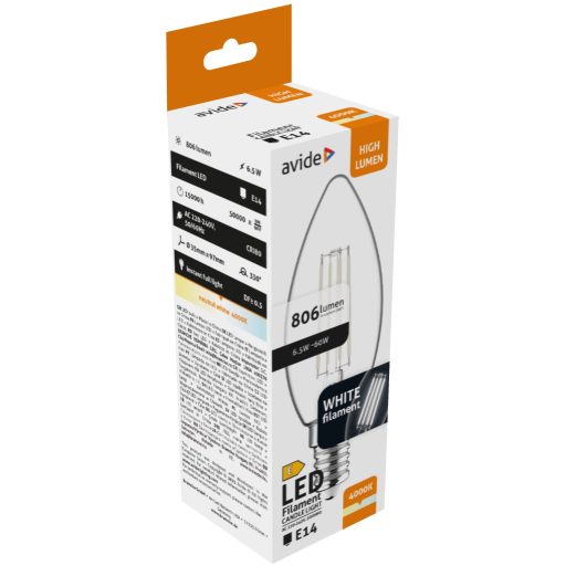 Avide LED White Filament Candle 6.5W E14 NW 4000K (AWLFC14NW-6.5W)