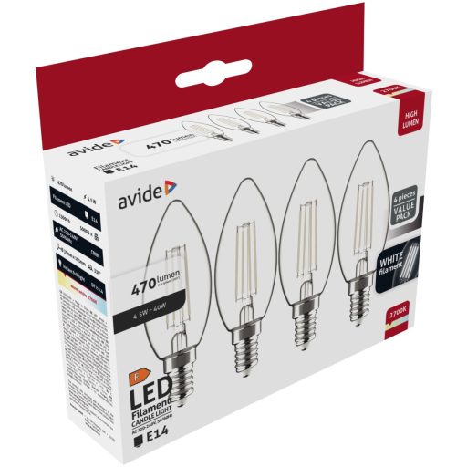Avide LED White Filament Candle 4.5W E14 WW 2700K - 4er (AWLFC14WW-4.5W-4ER)