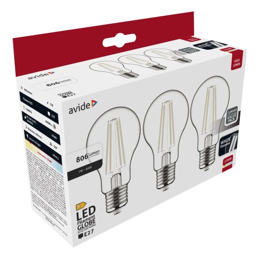 Avide LED White Filament Globe 7W E27 WW 2700K-3er (AWLFG27WW-7W-3ER)