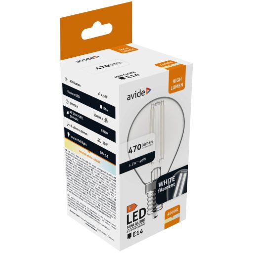 Avide LED White Filament Mini Globe 4.5W E14 NW 4000K (AWLFMG14NW-4.5W)