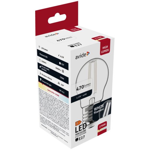 Avide LED White Filament Mini Globe 4.5W E27 WW 2700K (AWLFMG27WW-4.5W)