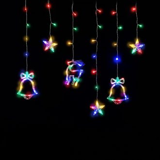   Entac Karácsonyi Függöny IP44 Színes 135 LED 12db Dísz Csengő és Rénszarvas 8F + időzítő 3x0,7m IR távirányítóval (ECCL-135MC-BD)