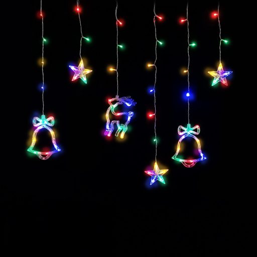 Entac Karácsonyi Függöny IP44 Színes 135 LED 12db Dísz Csengő és Rénszarvas 8F + időzítő 3x0,7m IR távirányítóval (ECCL-135MC-BD)