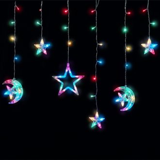   Entac Karácsonyi Függöny IP44 Színes 135 LED 12db Dísz Csillag és Hold 8F + időzítő 3x0,7m IR távirányítóval (ECCL-135MC-SM)