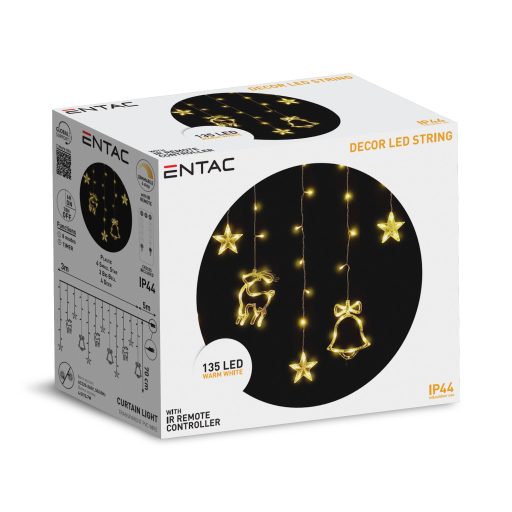 Entac Karácsonyi Függöny IP44 WW 135 LED 12db Dísz Csengő és Rénszarvas 8F + időzítő 3x0,7m IR távirányítóval (ECCL-135WW-BD)