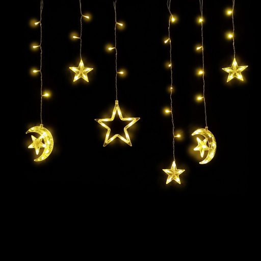 Entac Karácsonyi Függöny IP44 WW 135 LED 12db Dísz Csillag és Hold 8F + időzítő 3x0,7m IR távirányítóval (ECCL-135WW-SM)