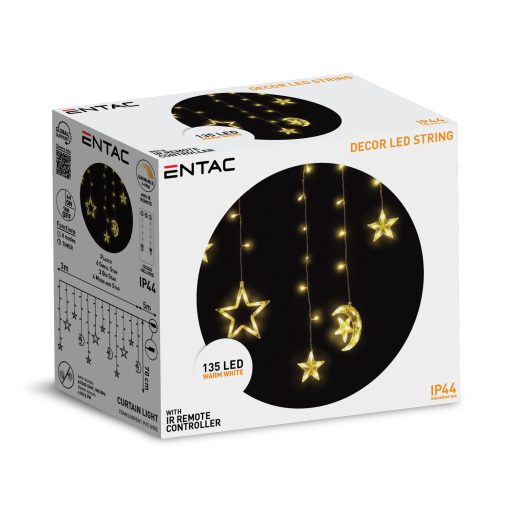 Entac Karácsonyi Függöny IP44 WW 135 LED 12db Dísz Csillag és Hold 8F + időzítő 3x0,7m IR távirányítóval (ECCL-135WW-SM)