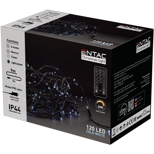 Entac Karácsonyi IP44 120 LED Füzér CW 9m Távirányítóval (ECL-120-CW-IR)