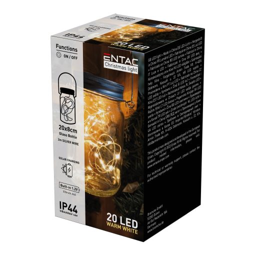 Entac Napelemes IP44 Üveg 20 LED fényfüzérrel WW (ECL-20-SBL)