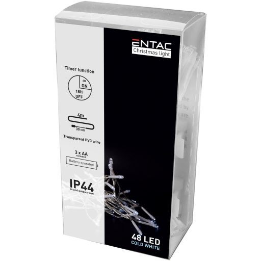 Entac Karácsonyi IP44 Füzér 48 LED Időzítővel CW 4m (3AA) (ECL-48CW-T)