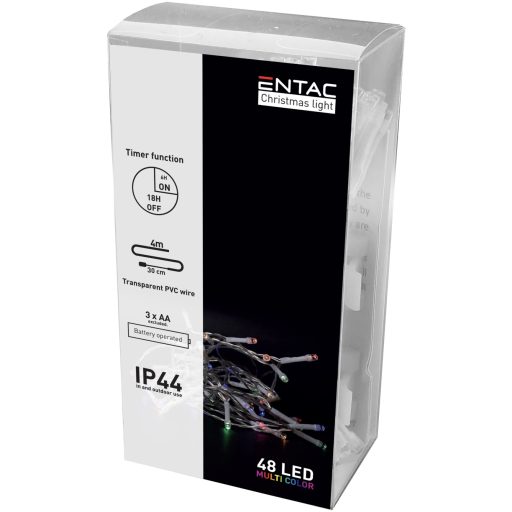 Entac Karácsonyi IP44 Füzér 48 LED Időzítővel Színes 4m (3AA) (ECL-48MC-T)
