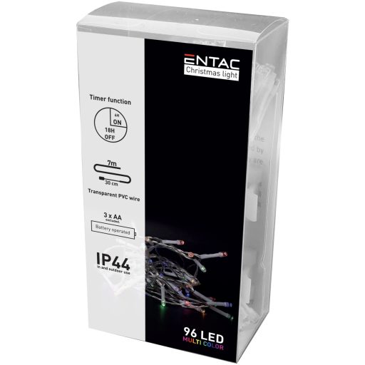 Entac Karácsonyi IP44 Füzér 96 LED Időzítővel Színes 7m (3AA) (ECL-96MC-T)