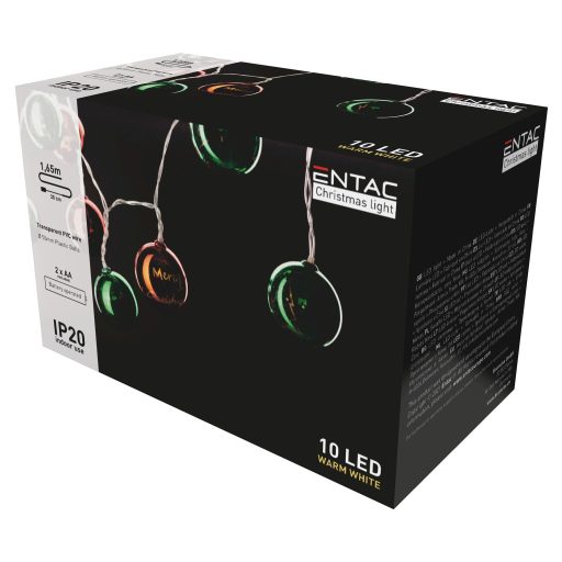 Entac Karácsonyi Beltéri Színes Gömb 55mm Füzér 10 LED WW 1,65m (2AA nt.) (ECL-CCBD-10WW)