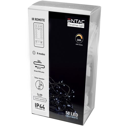Entac Karácsonyi IP44  Fényfüzér 50 LED CW 5m IR Távirányítóval (3AA nt.) (ECL-IR-50CW)
