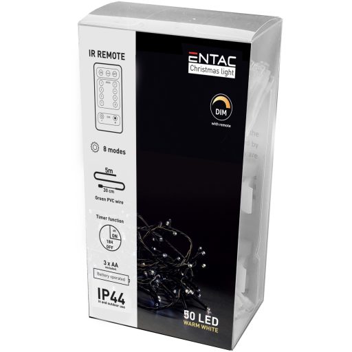 Entac Karácsonyi IP44 Fényfüzér 50 LED WW 5m IR Távirányítóval (3AA nt.) (ECL-IR-50WW)