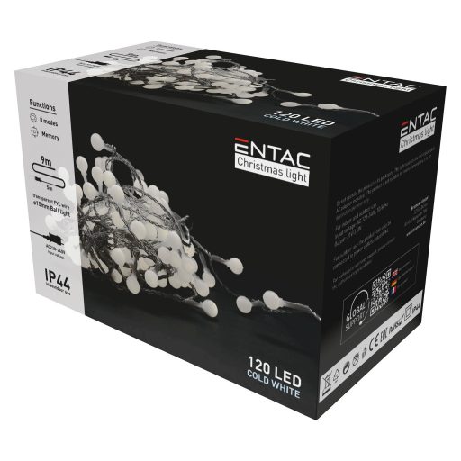 Entac Karácsonyi IP44  Fényfüzér 15mm Balls 120 LED 9m CW (ECL-PPB-120CW)