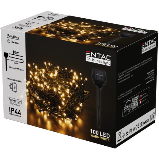 Entac Karácsonyi IP44 100 LED Füzér WW 10m Leszúrható Napelemes Konzollal (ECL-S100-WW)