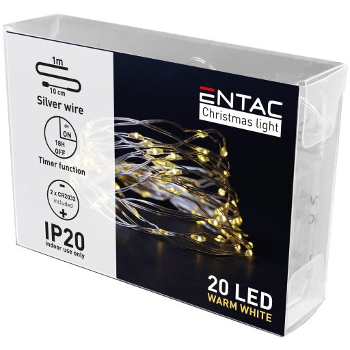 Entac Karácsonyi Beltéri Mini Drótfüzér 20 LED Időzítővel WW 1,1m (2x2032 tart.) (ECL-S20WW-T)