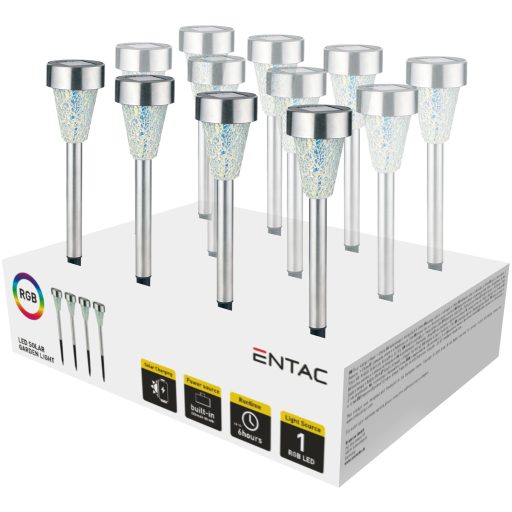 Entac Kerti Szolár Lámpa 400mm Rozsdamentes acél Mozaik Üveg 1 LED RGB 12/kínáló (EGSL-SS1LC40RGB-PDQ)