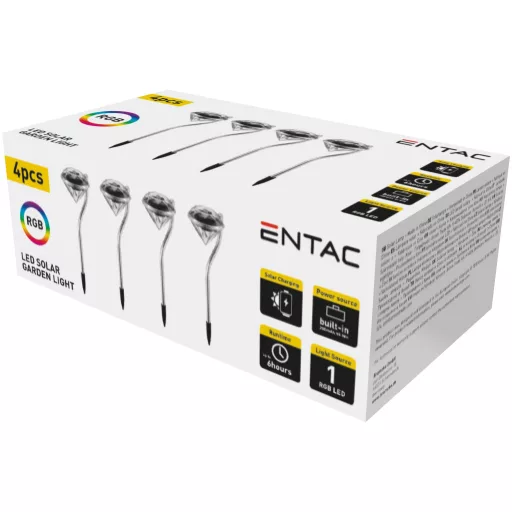 Entac Kerti Szolár Lámpa 300mm RGB Rozsdamentes Acél Kristály forma 1 LED 4/doboz (EGSL-SS1LCR30RGB)