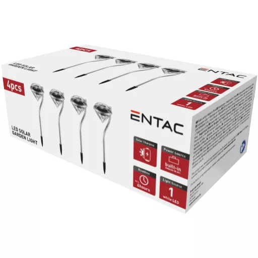 Entac Kerti Szolár Lámpa 300mm Rozsdamentes Acél Kristály forma 1 LED 4/doboz (EGSL-SS1LCR30)