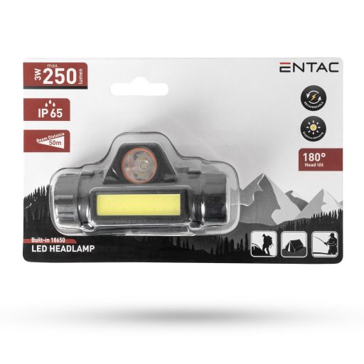 Entac Fejlámpa 3W beépített 18650 Akkumulátorral, 250lm (EHL-3W-180R-250)