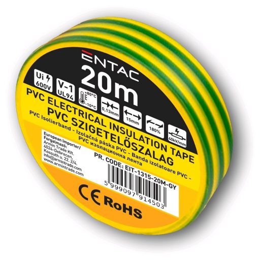 Entac Szigetelőszalag 0.13x15mm Zöld-Sárga 20m (EIT-1315-20M-GY)