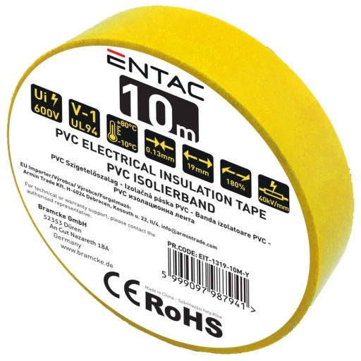 Entac Szigetelőszalag 0.13x19mm Citromsárga 10m (EIT-1319-10M-Y)
