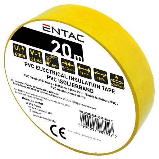 Entac Szigetelőszalag 0.13x19mm Citromsárga 20m (EIT-1319-20M-Y)