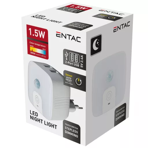 Entac Éjjeli Fény 3000K PIR szenzorral és 2 USB Porttal (ENL-2USB-PIR)