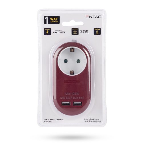 Entac Hálózati Adapter 1 Földelt Aljzat és 2 USB (össz. 2.1A) Burgundi vörös (EPAG-1EE-2USB-BR)