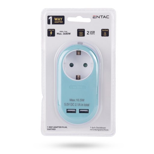 Entac Hálózati Adapter 1 Földelt Aljzat és 2 USB (össz. 2.1A) Kék (EPAG-1EE-2USB-B)