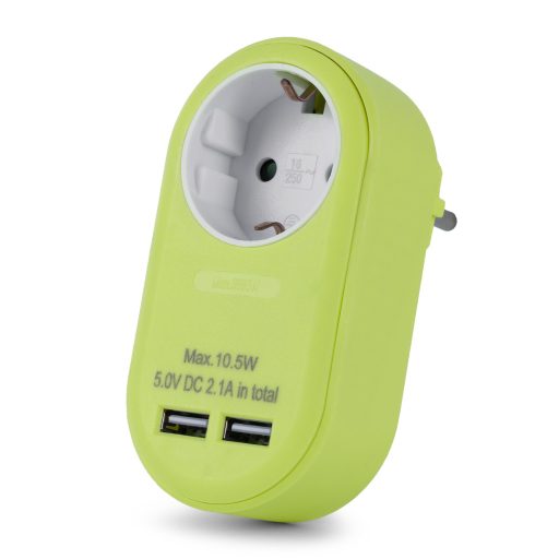 Entac Hálózati Adapter 1 Földelt Aljzat és 2 USB (össz. 2.1A) Lime (EPAG-1EE-2USB-L)