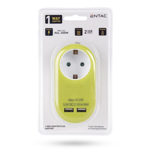 Entac Hálózati Adapter 1 Földelt Aljzat és 2 USB (össz. 2.1A) Lime (EPAG-1EE-2USB-L)