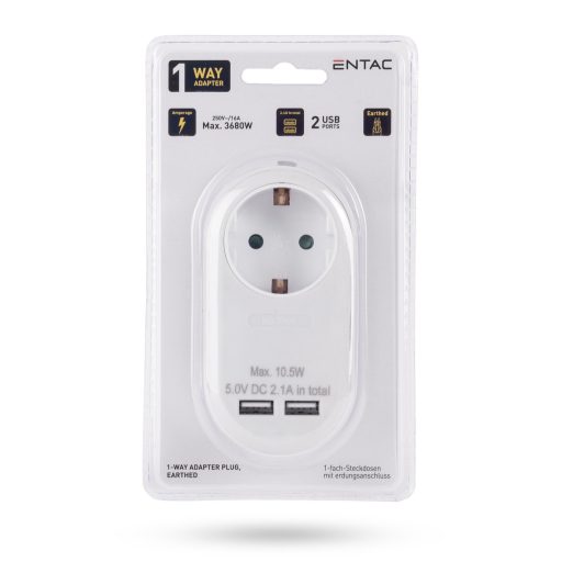 Entac Hálózati Adapter 1 Földelt Aljzat és 2 USB (össz. 2.1A) Fehér (EPAG-1EE-2USB-W)