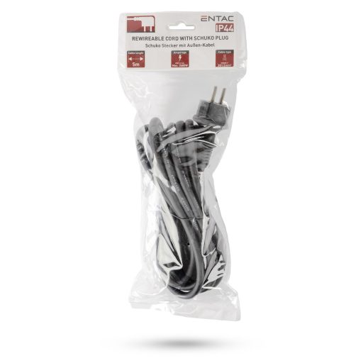 Entac Szerelhető hálózati kábel 3G1.5 5m Földelt Dugvillával Fekete IP44 (ERWC1.5-5-B-IP44)