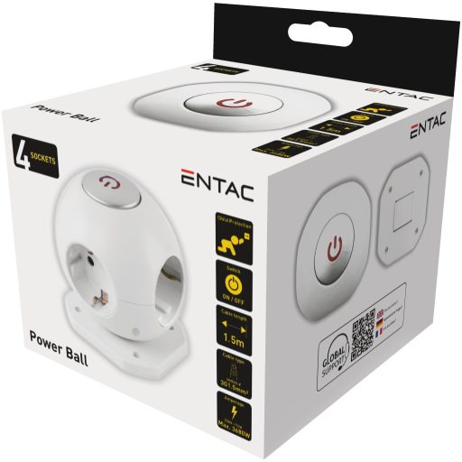 Entac Gömb Elosztó 4 Foglalattal, Kapcsolóval 1.5m 3G1.5 (ESC1.5G3-GLOBE)