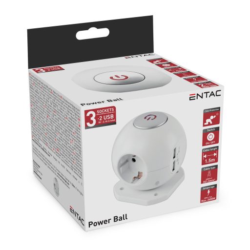 Entac Gömb Elosztó 3 Foglalattal, 2x2.1A USB-vel Kapcsolóval 1.5m 3G1.5 (ESC1.5G3-USB-GLOBE)
