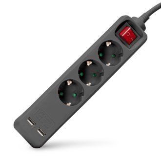   Entac S1 Elosztó 3 Foglalat Kapcsolóval 1,5m 3G1.5 2 USB Fekete (ESE1.5G3-1.5-SW-USB-B)