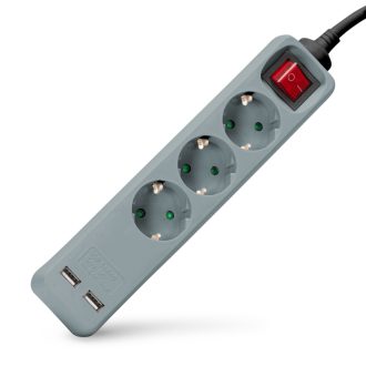   Entac S1 Elosztó 3 Foglalat Kapcsolóval 1,5m 3G1.5 2 USB Szürke (ESE1.5G3-1.5-SW-USB-GR)