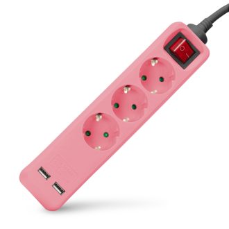   Entac S1 Elosztó 3 Foglalat Kapcsolóval 1,5m 3G1.5 2 USB Pink (ESE1.5G3-1.5-SW-USB-P)